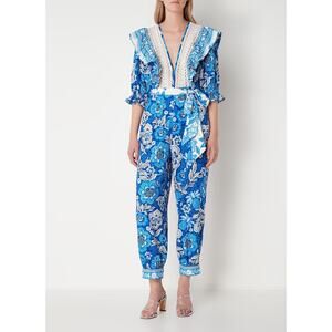 FARM RIO Blue Floral Pattern Full of Flowers Tapered Fit Jumpsuit Size XS